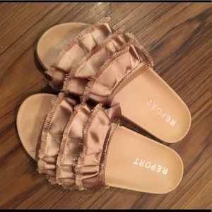 Blush pink ribbon ruffle slides